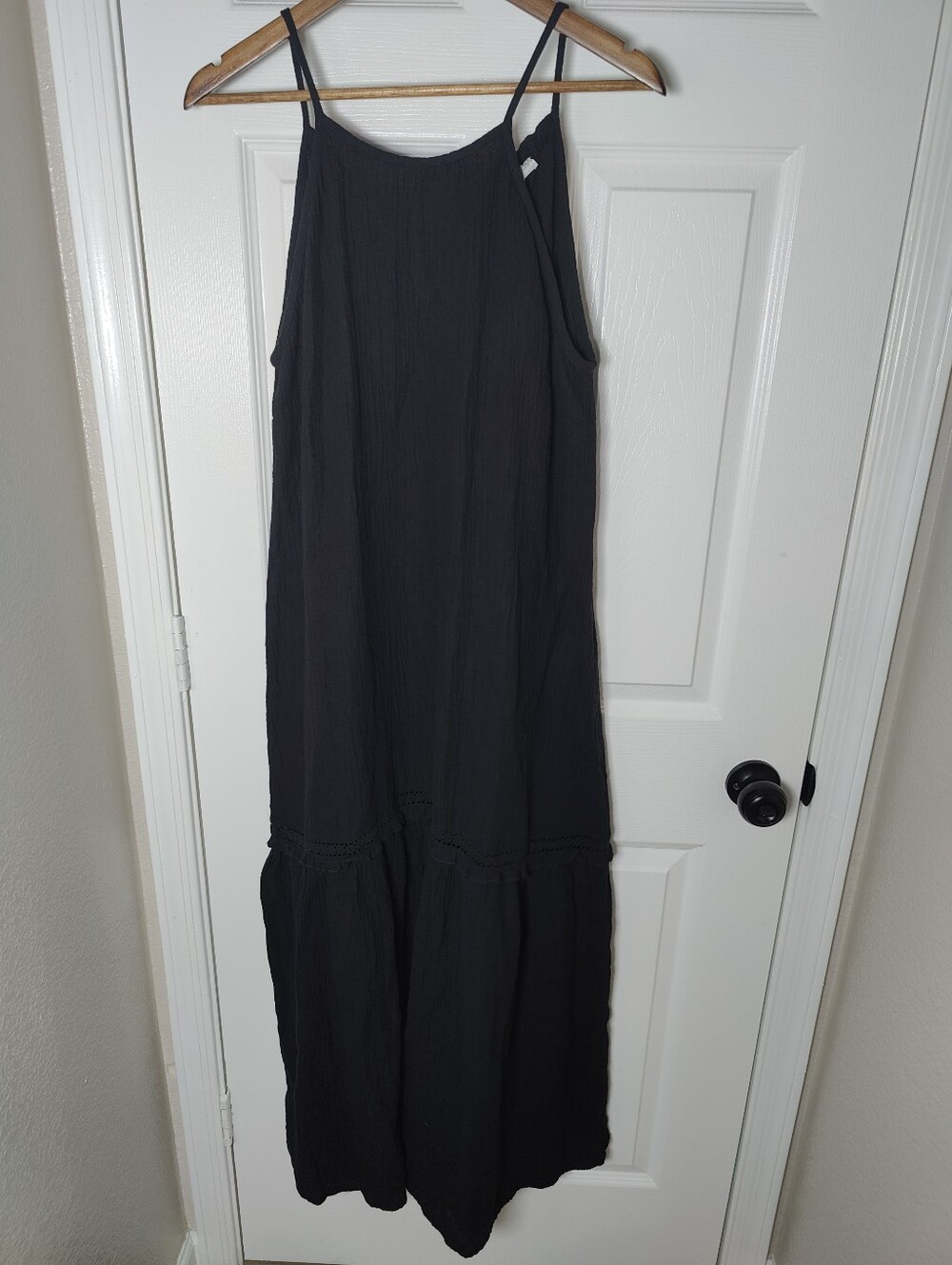 NWT Mango 100% Cotton Black Long Maxi Dress Cutout Floral Detail Tie Back Size S